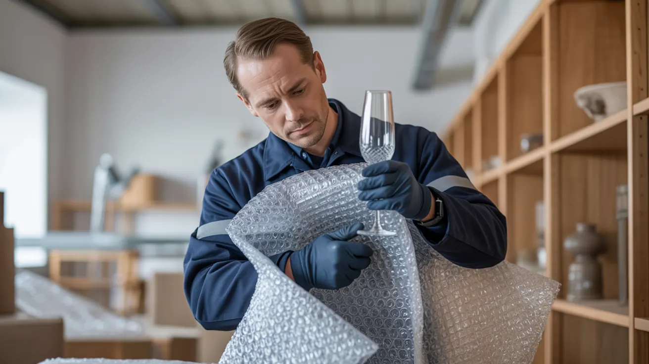 A professional mover carefully wrapping fragile glassware for a fragile-only pack for long-distance move