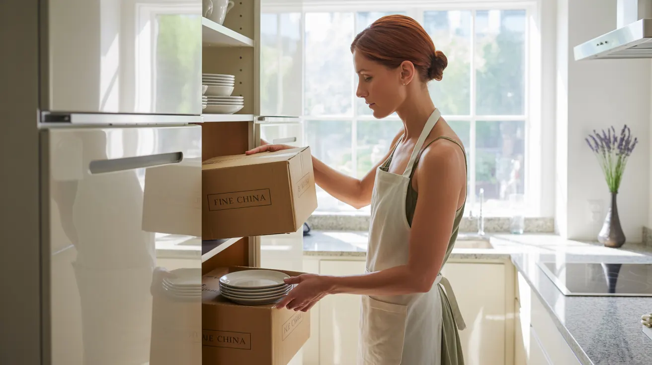 An organized kitchen with items being placed into cabinets from boxes during unpacking service for long-distance move
