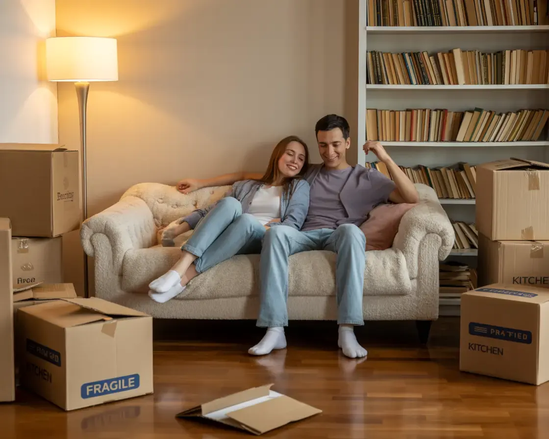 Couple relaxing among moving boxes after decluttering before a long-distance move