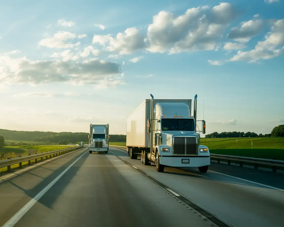 A modern Smooth Move Logistics truck driving on a highway at sunset