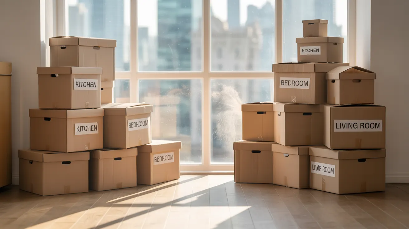Neatly packed and labeled moving boxes stacked in a room for a full-service pack for long-distance move